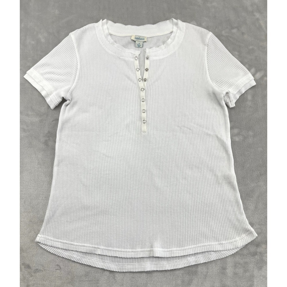 Sundance Top Women Small White Crew Neck Button Stretch Short Sleeve Preppy